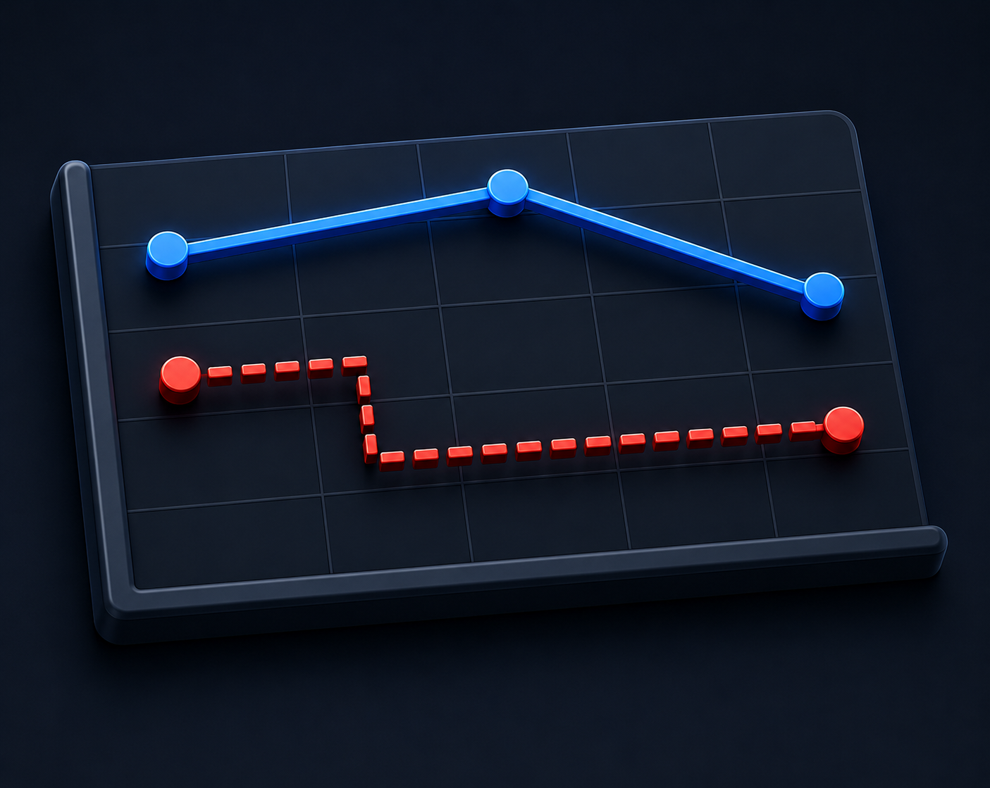 A red dashed path breaking versus a smooth blue path, representing a spreadsheet CRM breaking down